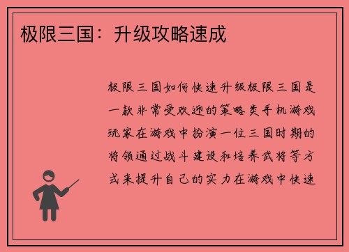 极限三国：升级攻略速成
